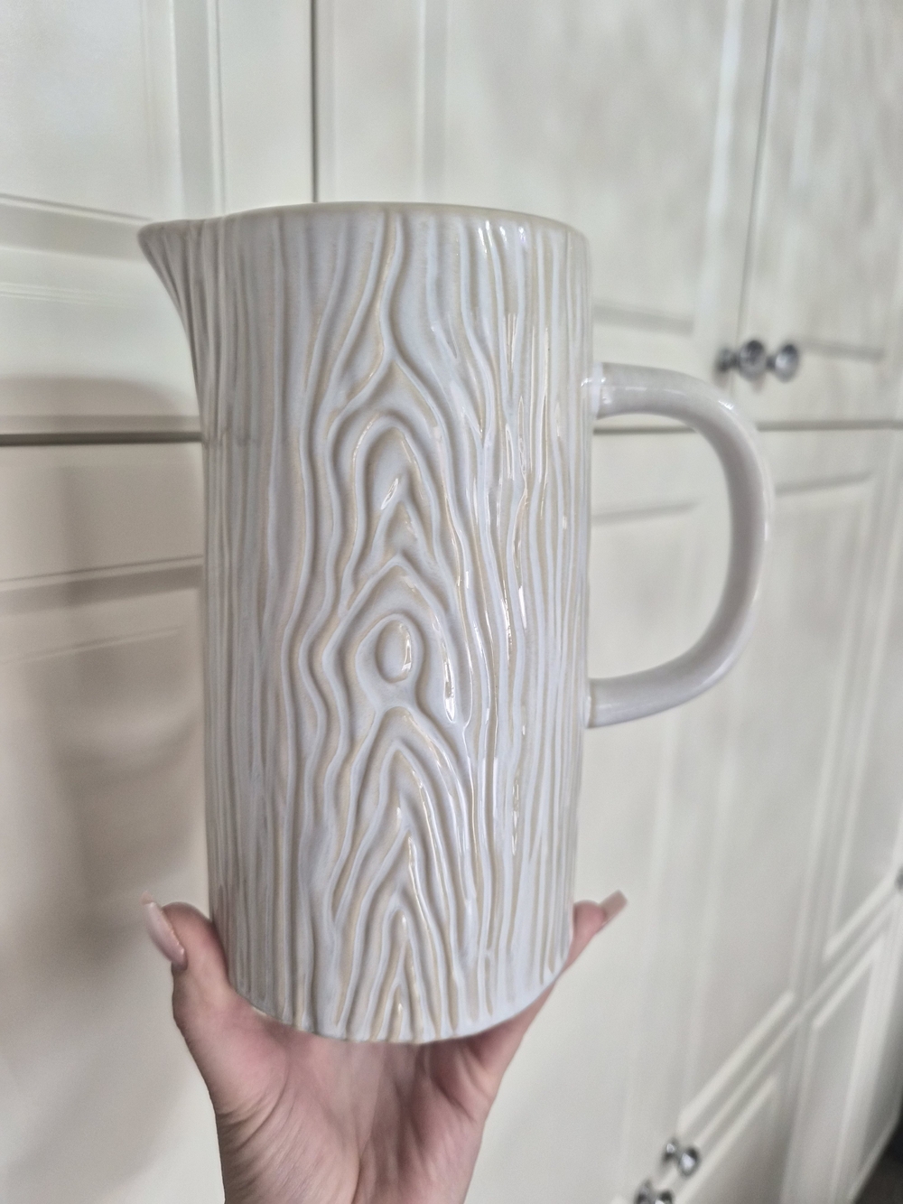 White Ceramic Woodgrain Pitcher - Stylish Home Art Accent